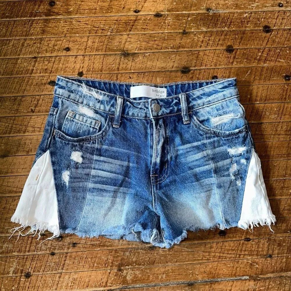 Bridge by Gly high rise distressed white ruffle 25 denim shorts